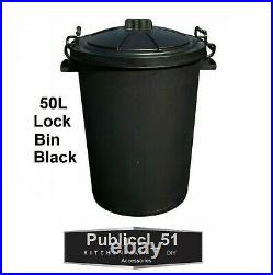 50 Liter Black Plastic Garden Bin Waste Can Rubbish Heavy Duty Storage Clip Lid