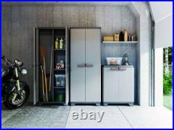 Garden Shed Garage Storage Box 2 Doors Plastic Low Cabinet Shelves Grey Outdoor
