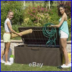 HUGE 550 Litre Plastic Outdoor Garden Storage Chest Brown Rattan with Cushion