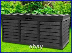 Large Garden Plastic Cushion Storage Box Wood Effect Outdoor Utility Chest Black