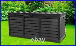 Large Garden Plastic Cushion Storage Box Wood Effect Outdoor Utility Chest Black