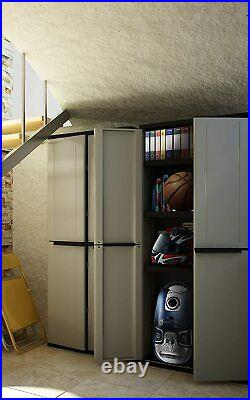 Tall GREY Plastic Cupboard Storage Garden 3 Shelves Utility Cabinet With 2 Doors